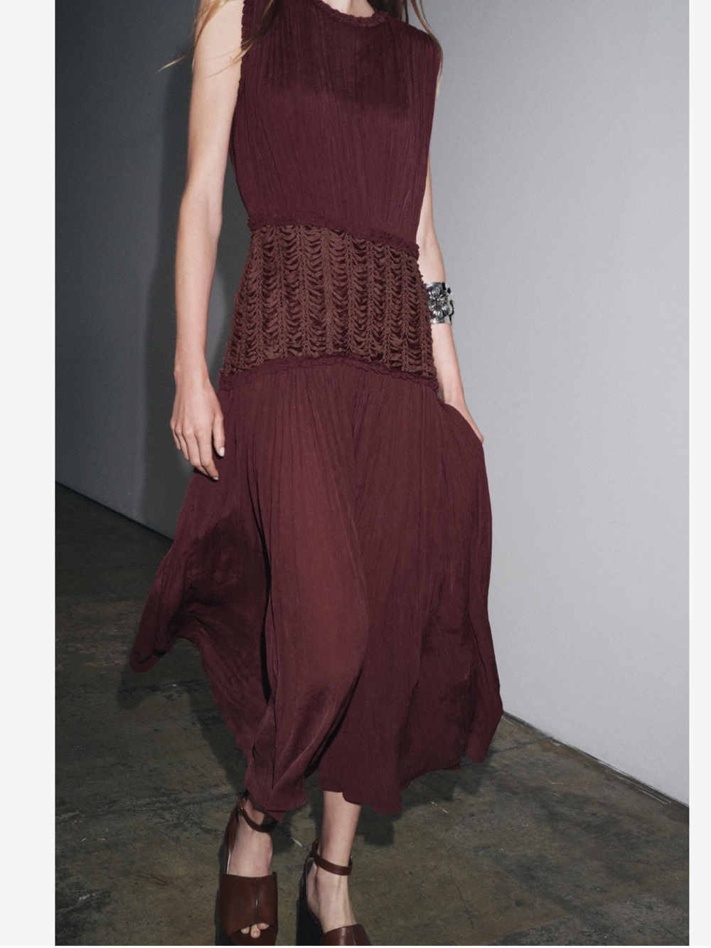 ZARA Embroidered Chiffon Waist Midi Dress